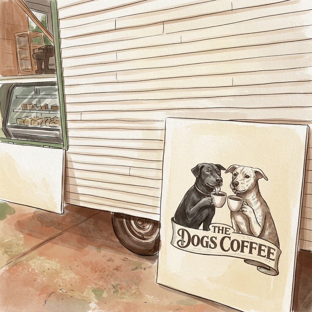 Hand-painted illustration of The Dogs Coffee white weatherboard shed and its dog sign in Bangalow